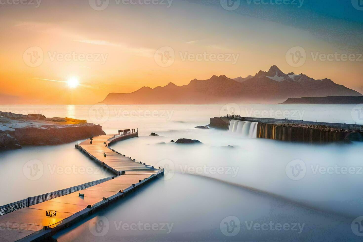 a long pier with a mountain in the background. AI-Generated photo