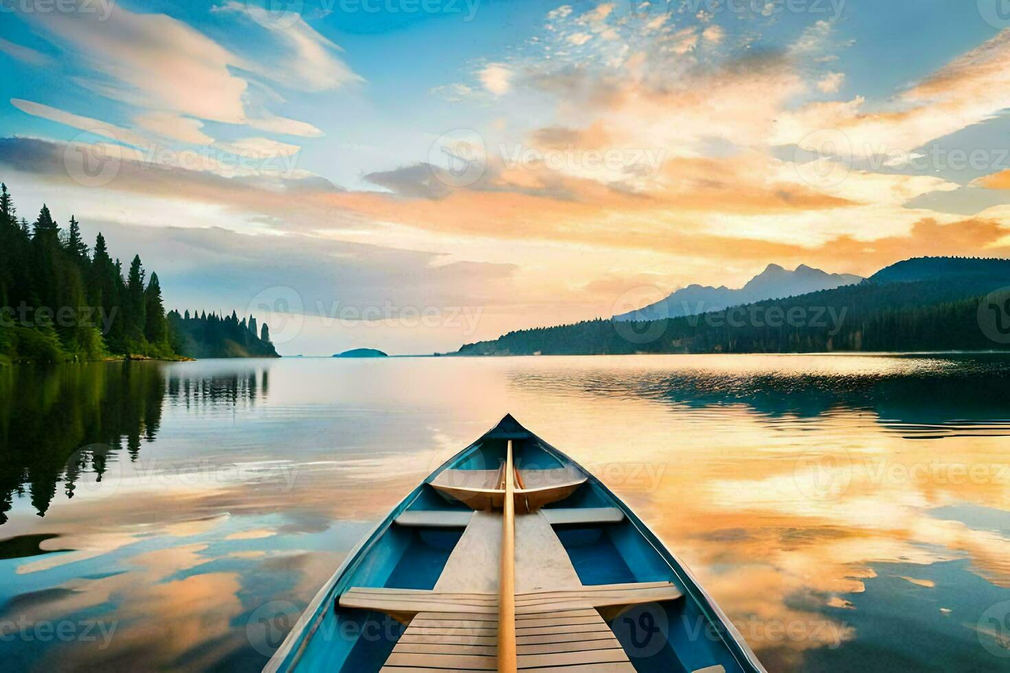 a canoe is floating on a lake at sunset. AI-Generated photo