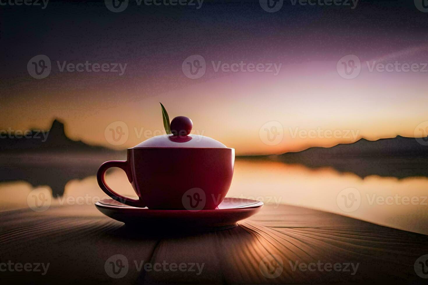 a red cup sits on a table with a lake in the background. AI-Generated photo