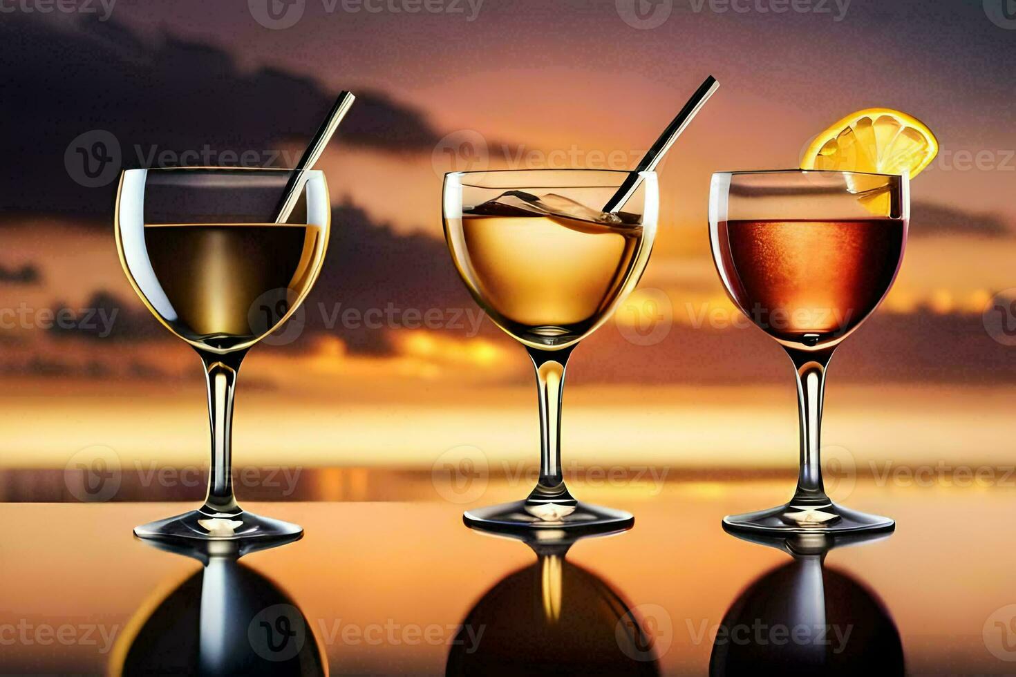 three glasses of wine with a sunset in the background. AI-Generated photo