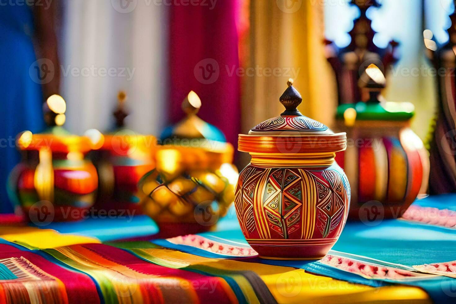 colorful vases on a colorful tablecloth. AI-Generated photo