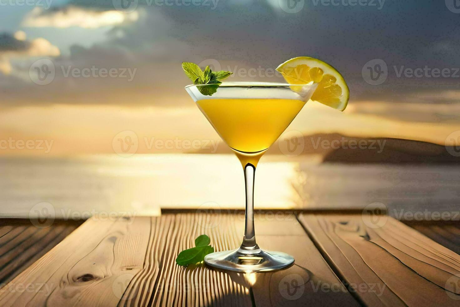 cocktail on a wooden table with sunset in the background. AI-Generated photo