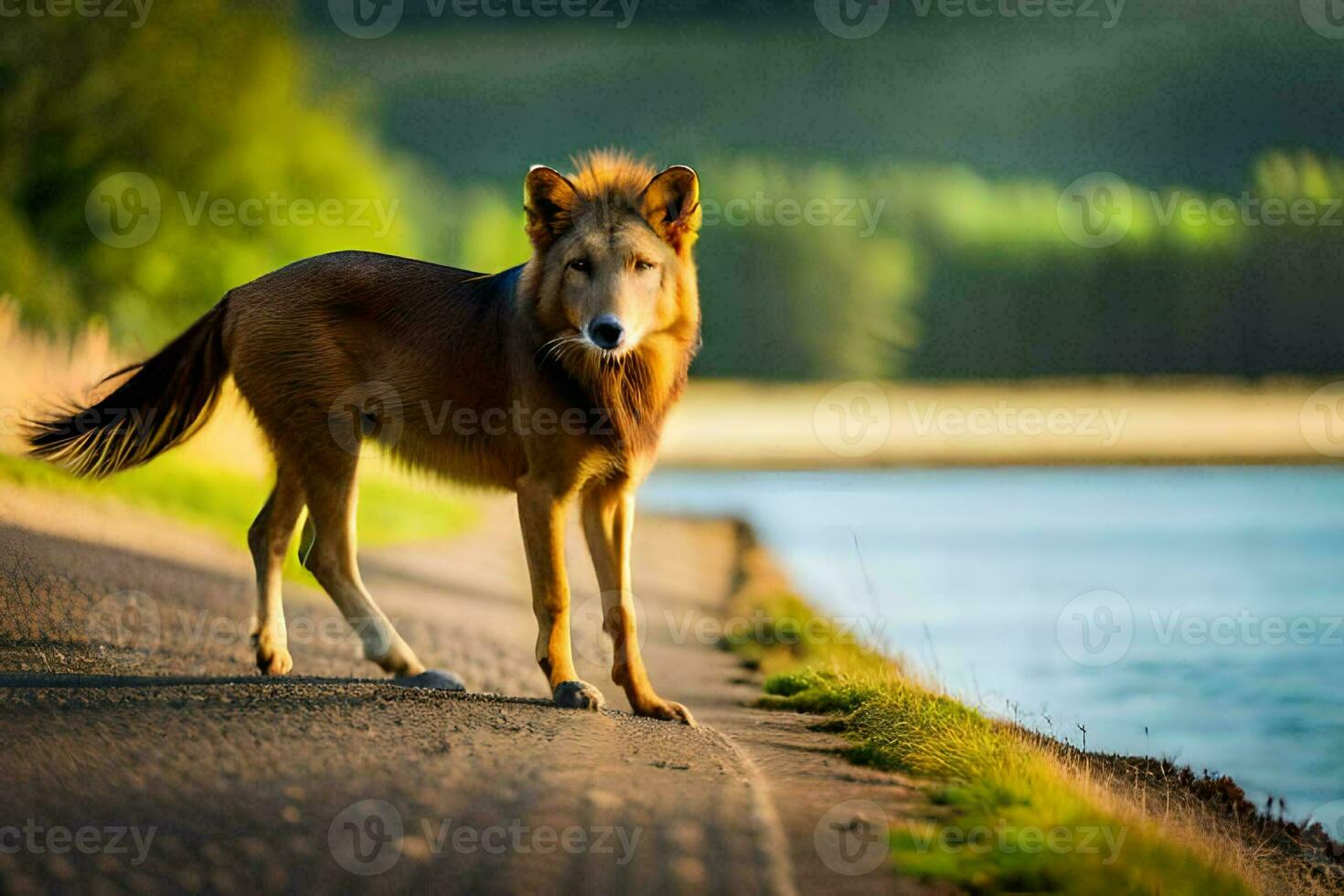 a lion standing on the side of a road near a lake. AI-Generated photo