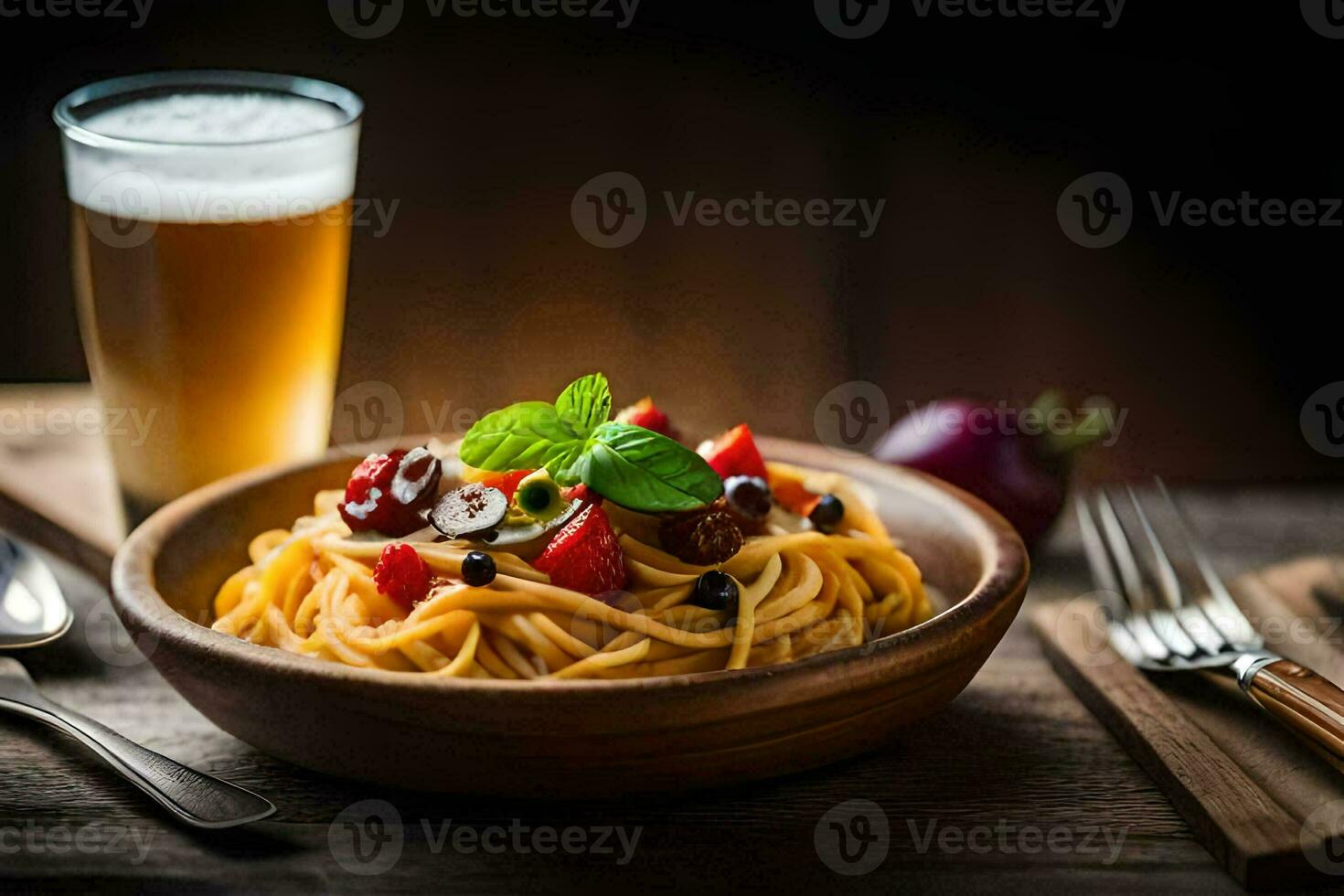 spaghetti with tomato, basil and olive oil on a wooden table. AI-Generated photo