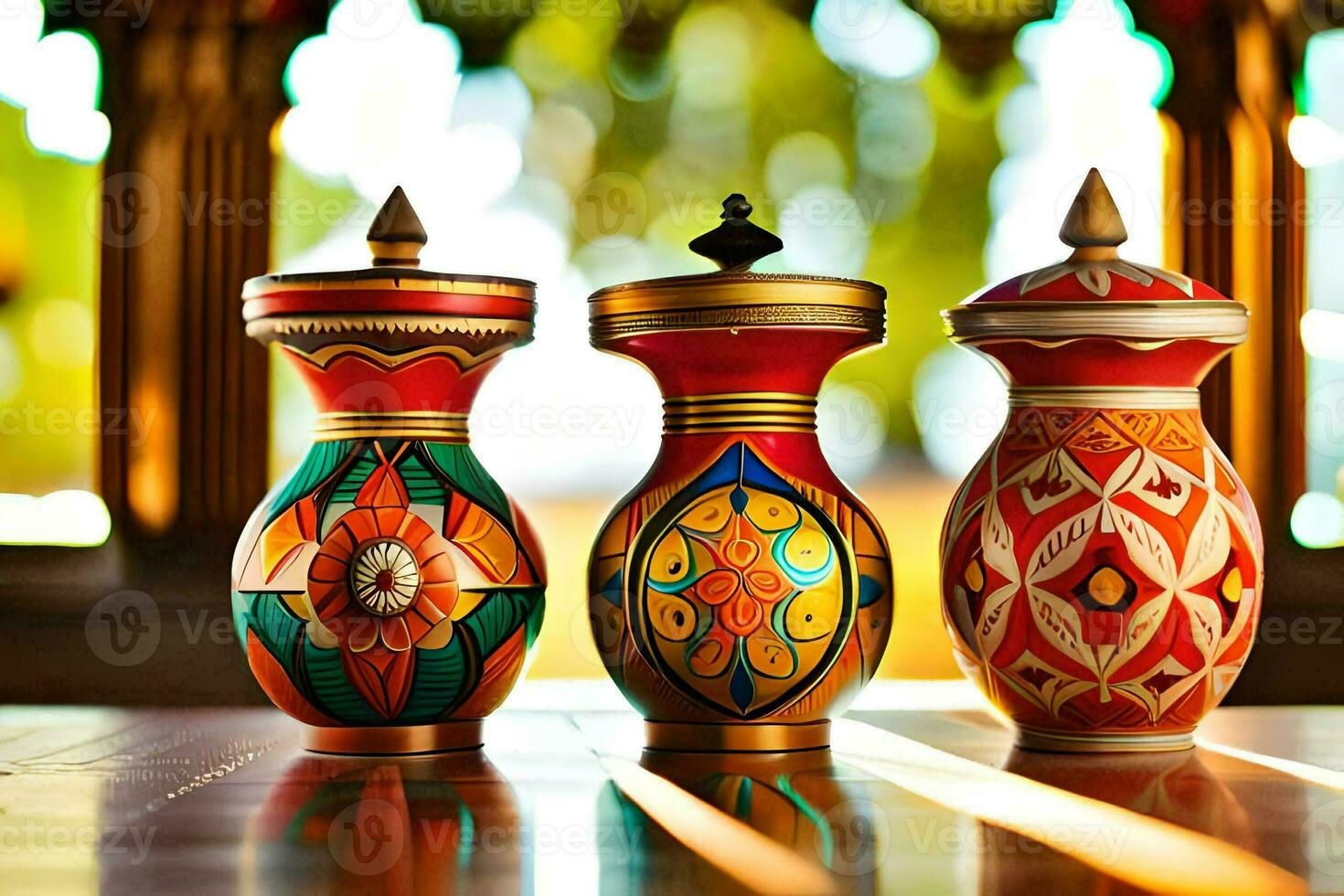 three colorful vases are sitting on a table. AI-Generated photo