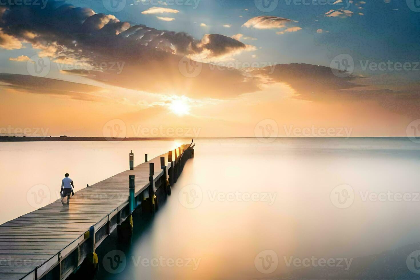 a man walking on a pier at sunset. AI-Generated photo