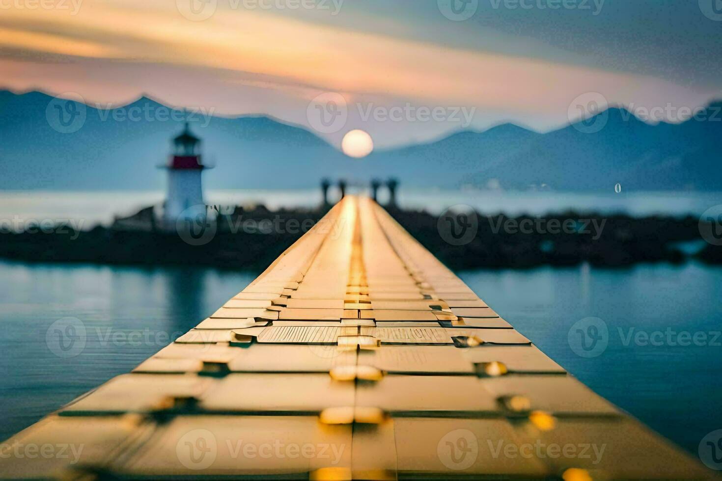 a pier with a lighthouse in the background. AI-Generated photo