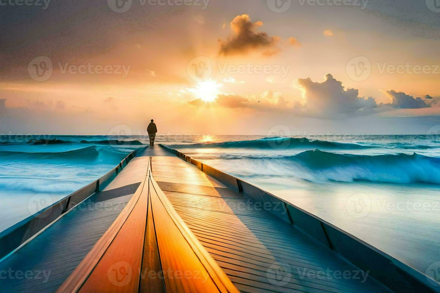 a man stands on a wooden dock looking out at the ocean. AI-Generated photo