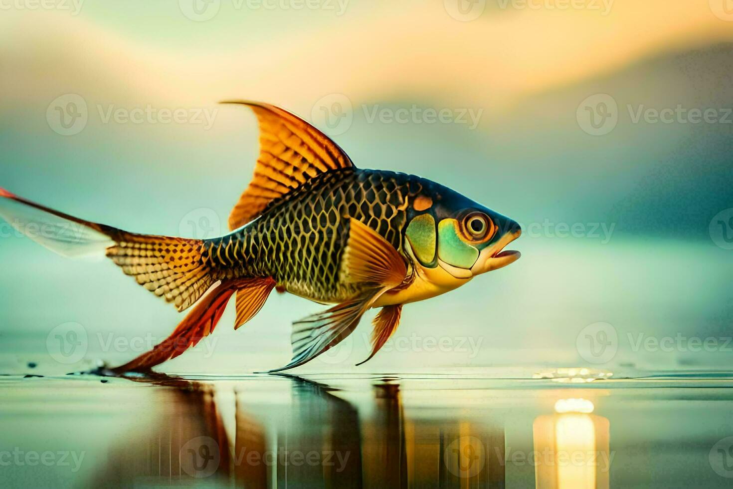 a fish is walking on the water. AI-Generated photo