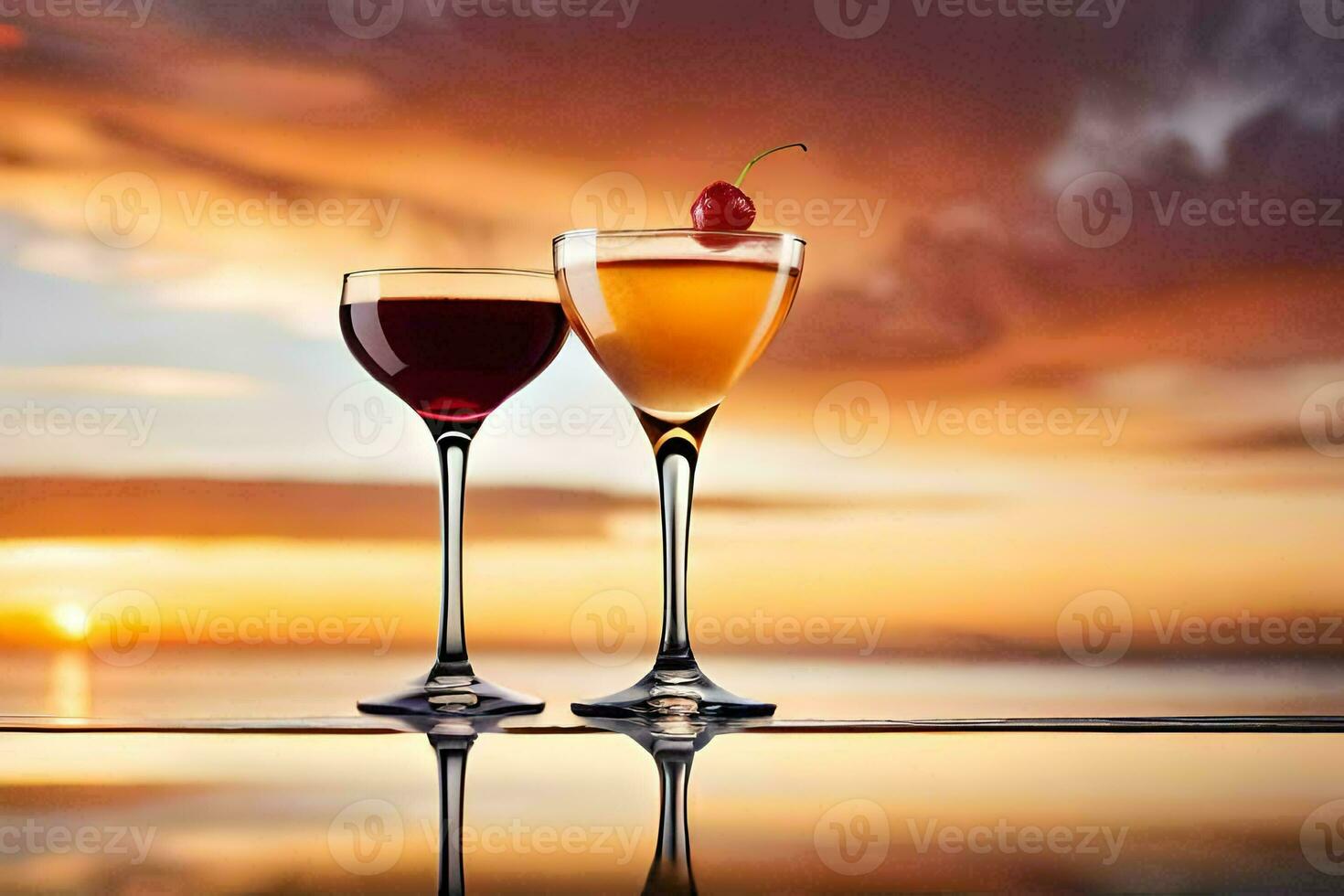 two glasses of wine with a cherry on the table. AI-Generated photo