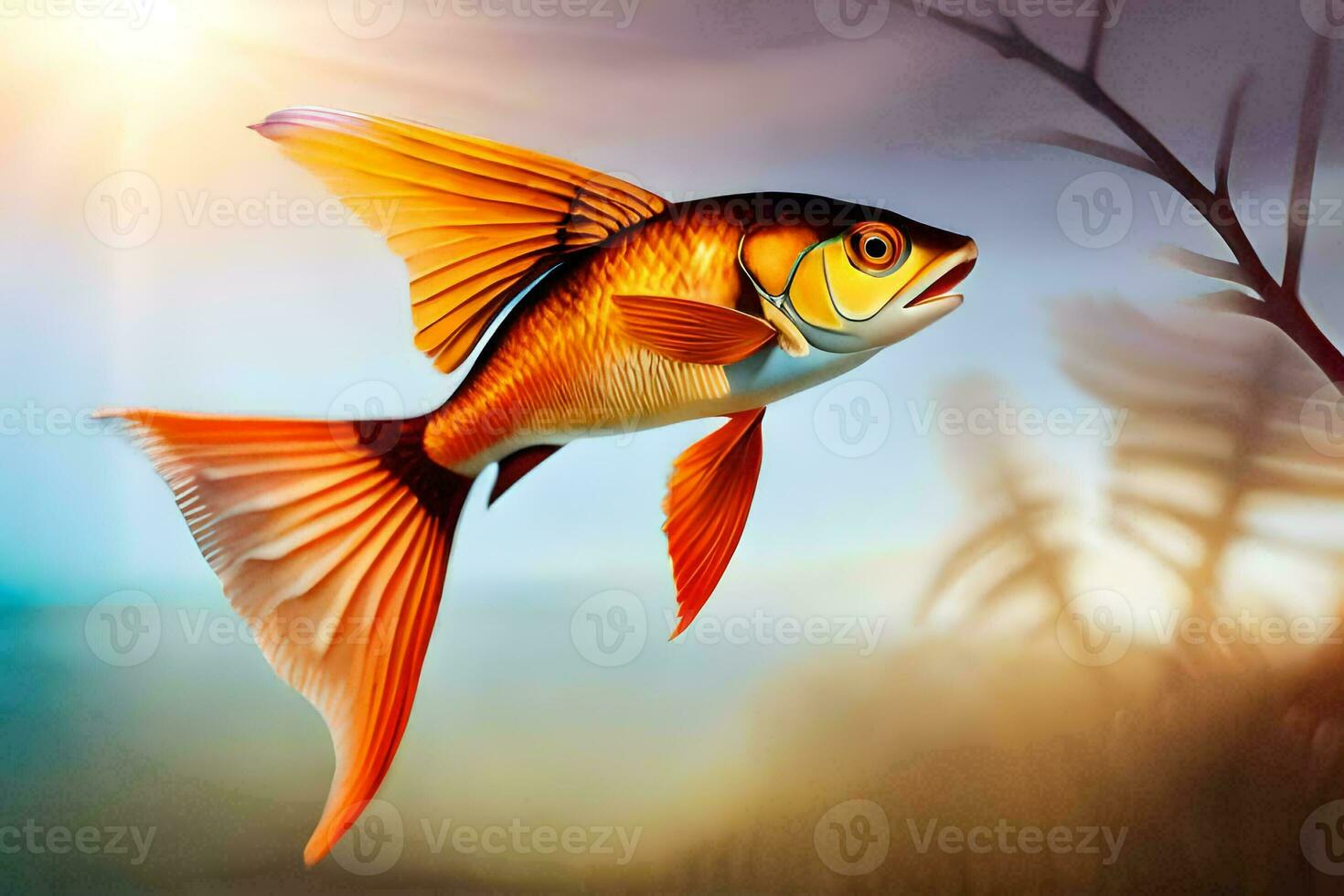 a fish with orange and black fins is swimming in the water. AI-Generated photo