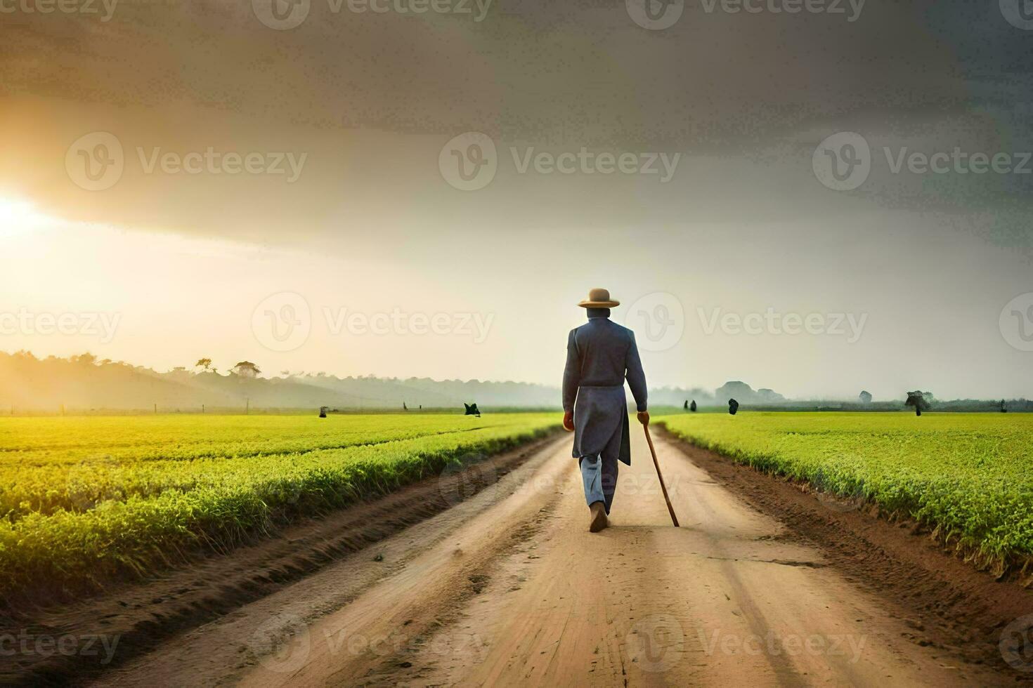 a man walking down a dirt road in a field. AI-Generated photo