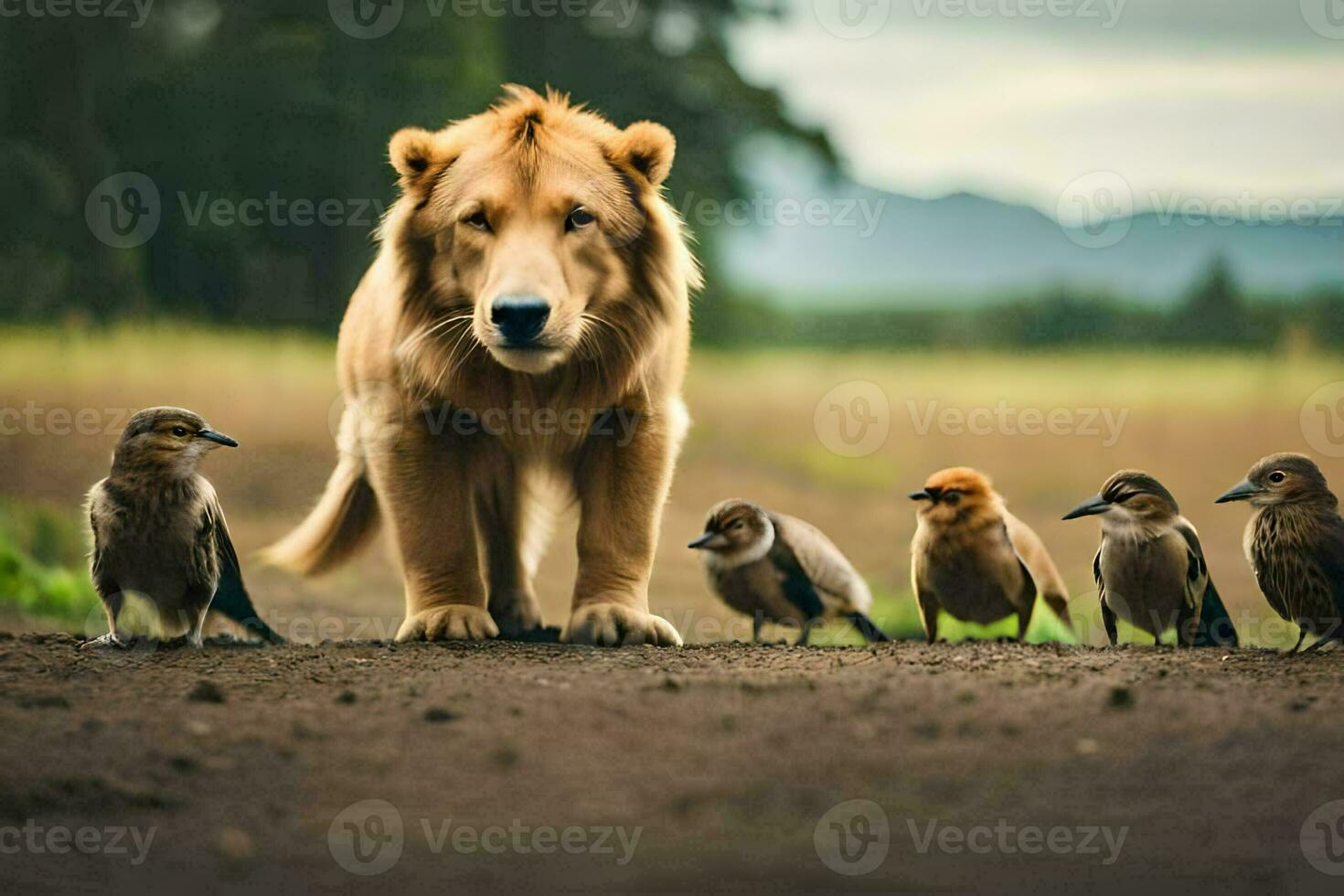 a lion and a group of birds on a dirt road. AI-Generated photo