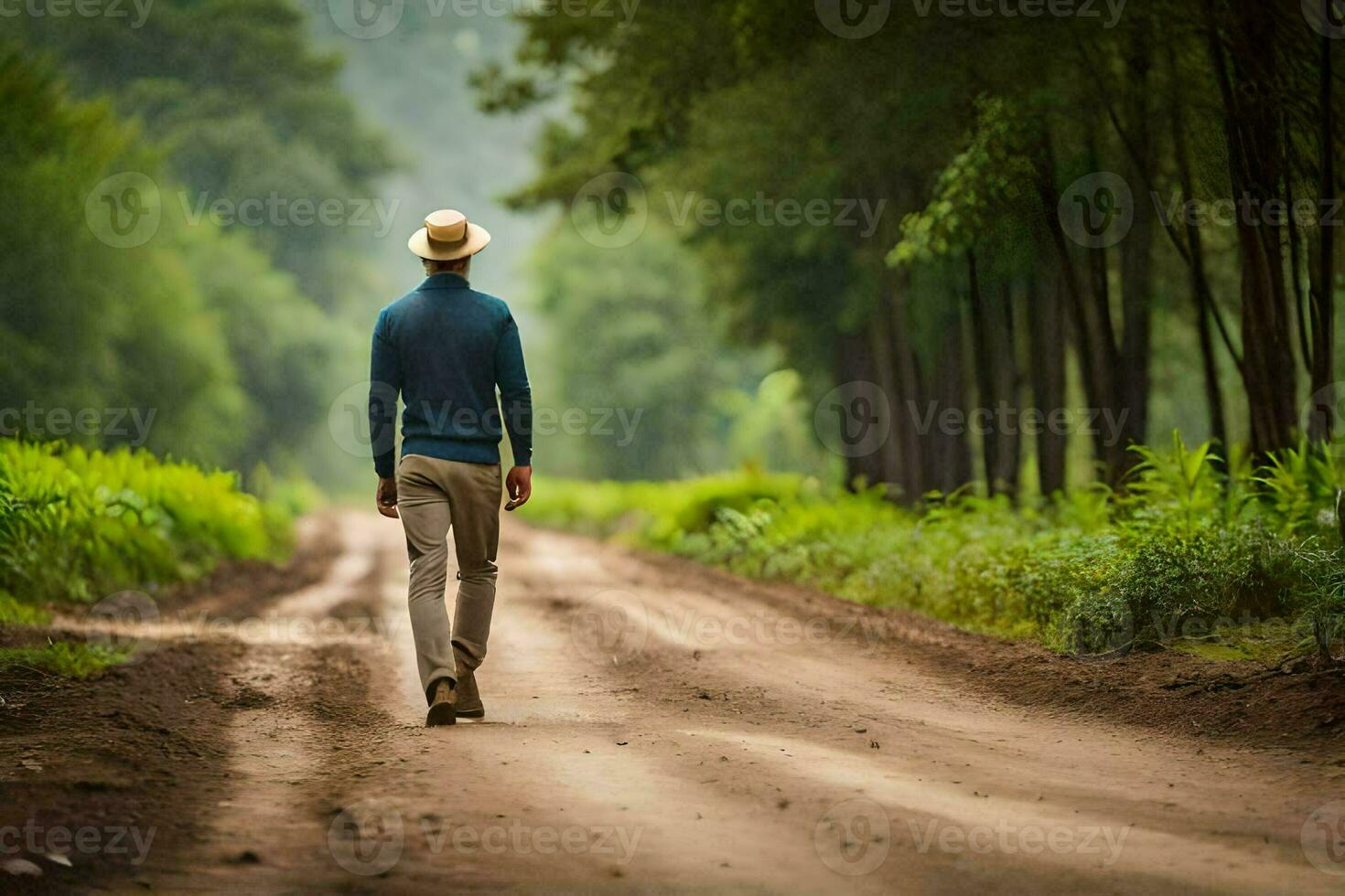 man walking on a dirt road in the forest. AI-Generated photo
