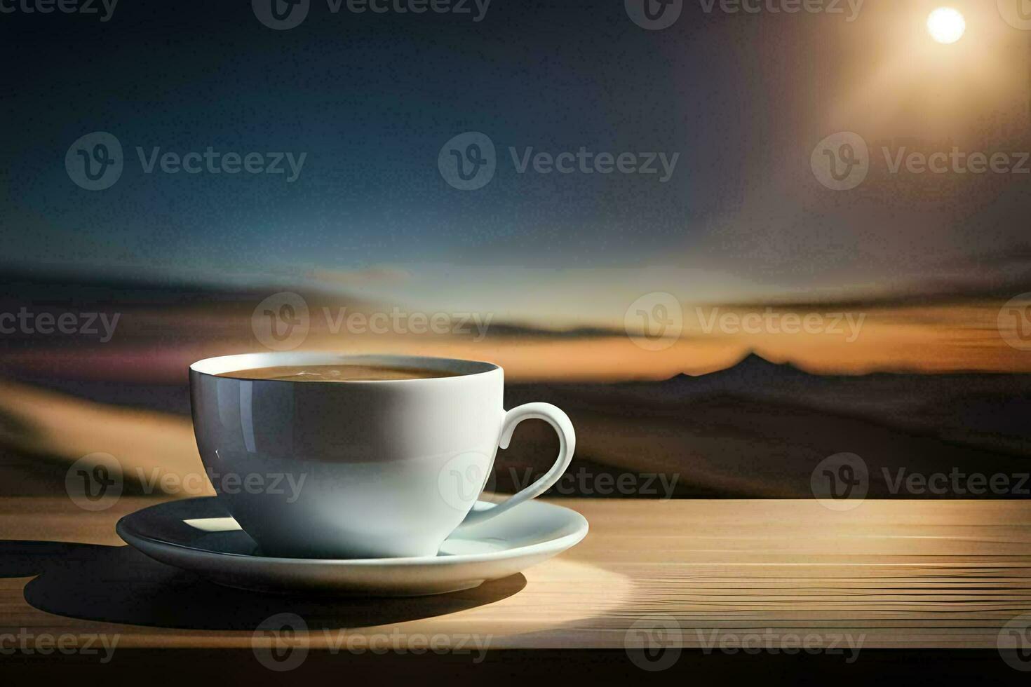coffee cup on the table, sunrise, mountains, sunrise, the sun, the sky,. AI-Generated photo