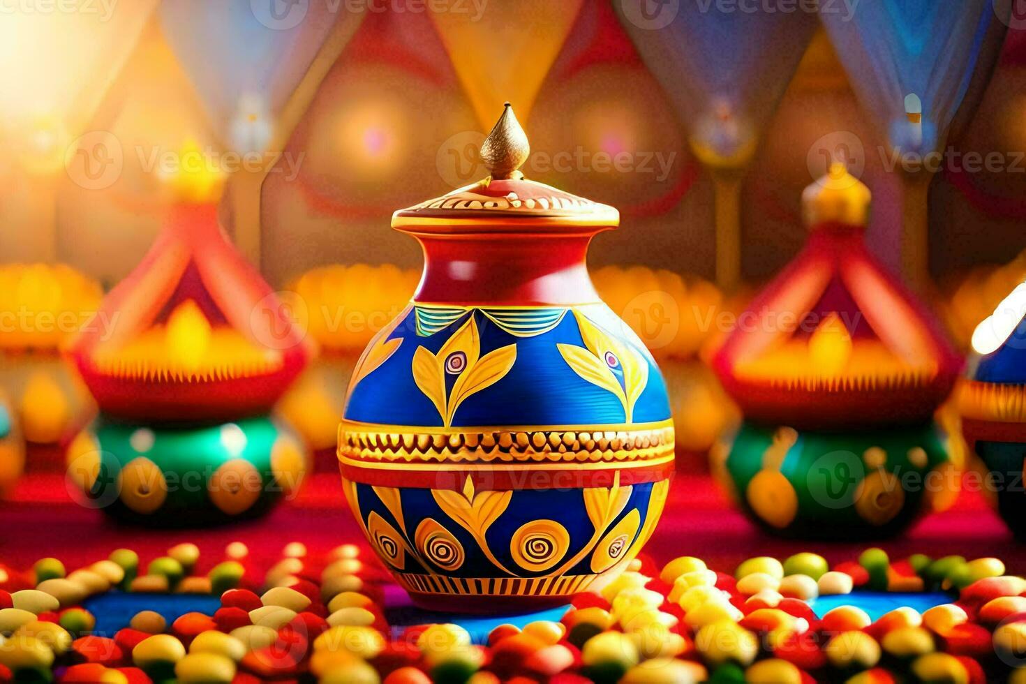 colorful vases with colorful balls on a red table. AI-Generated photo