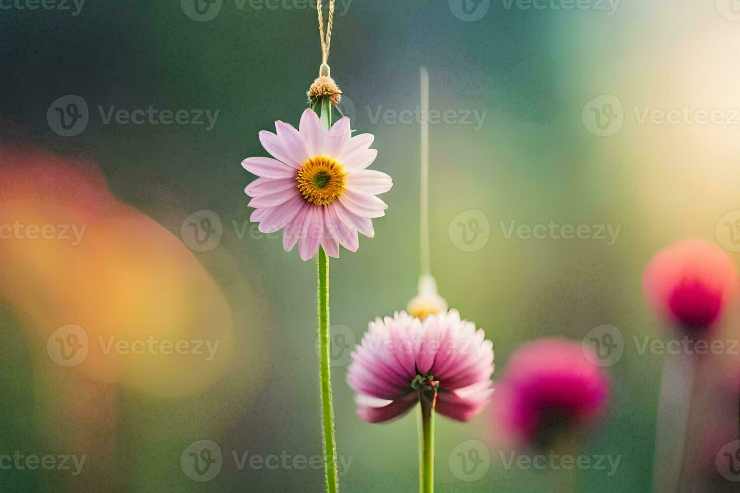two pink flowers are hanging from a string. AI-Generated photo