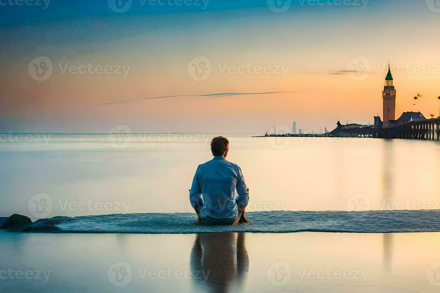 a man sitting on the beach at sunset. AI-Generated photo