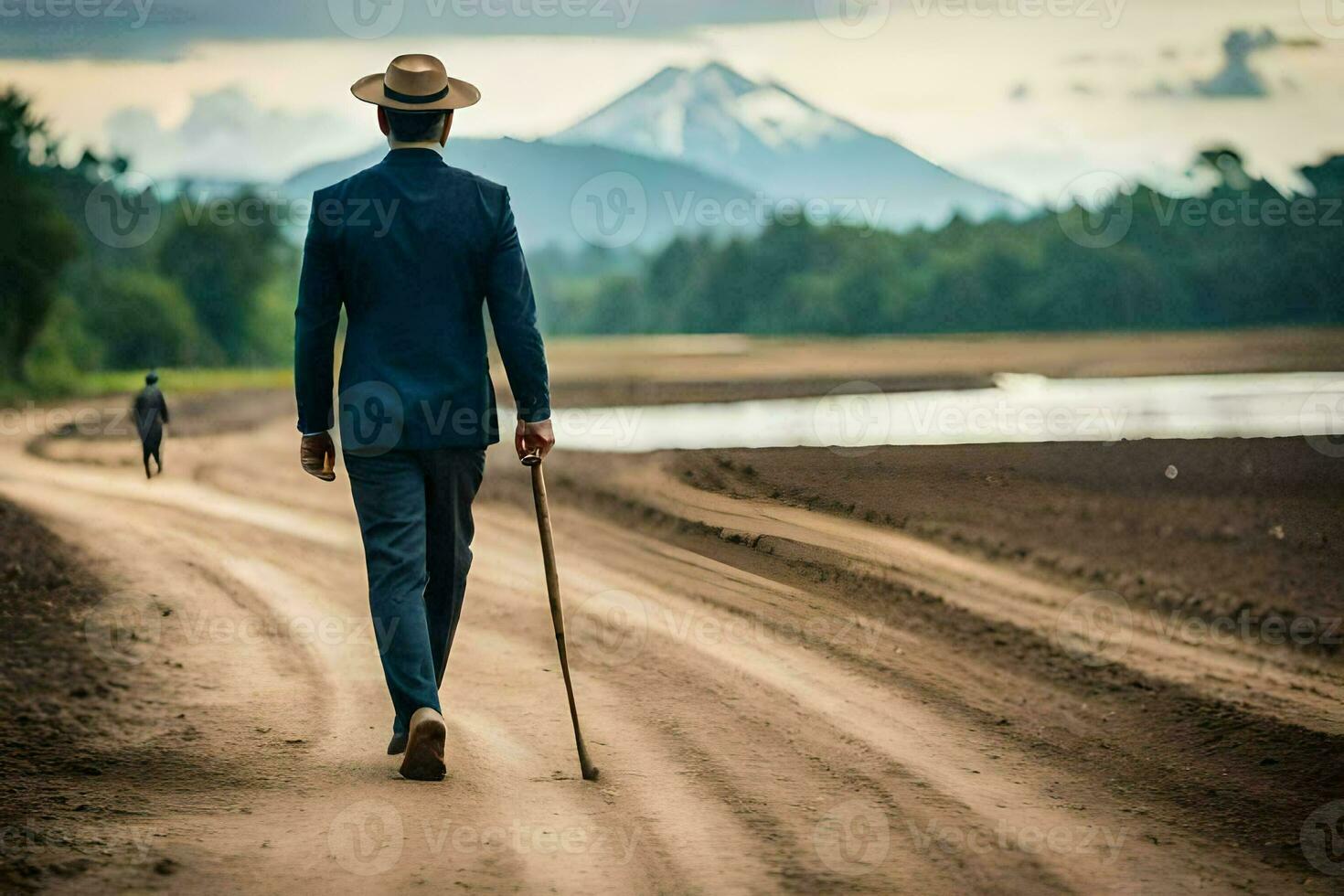 a man in a suit walks down a dirt road with a cane. AI-Generated photo
