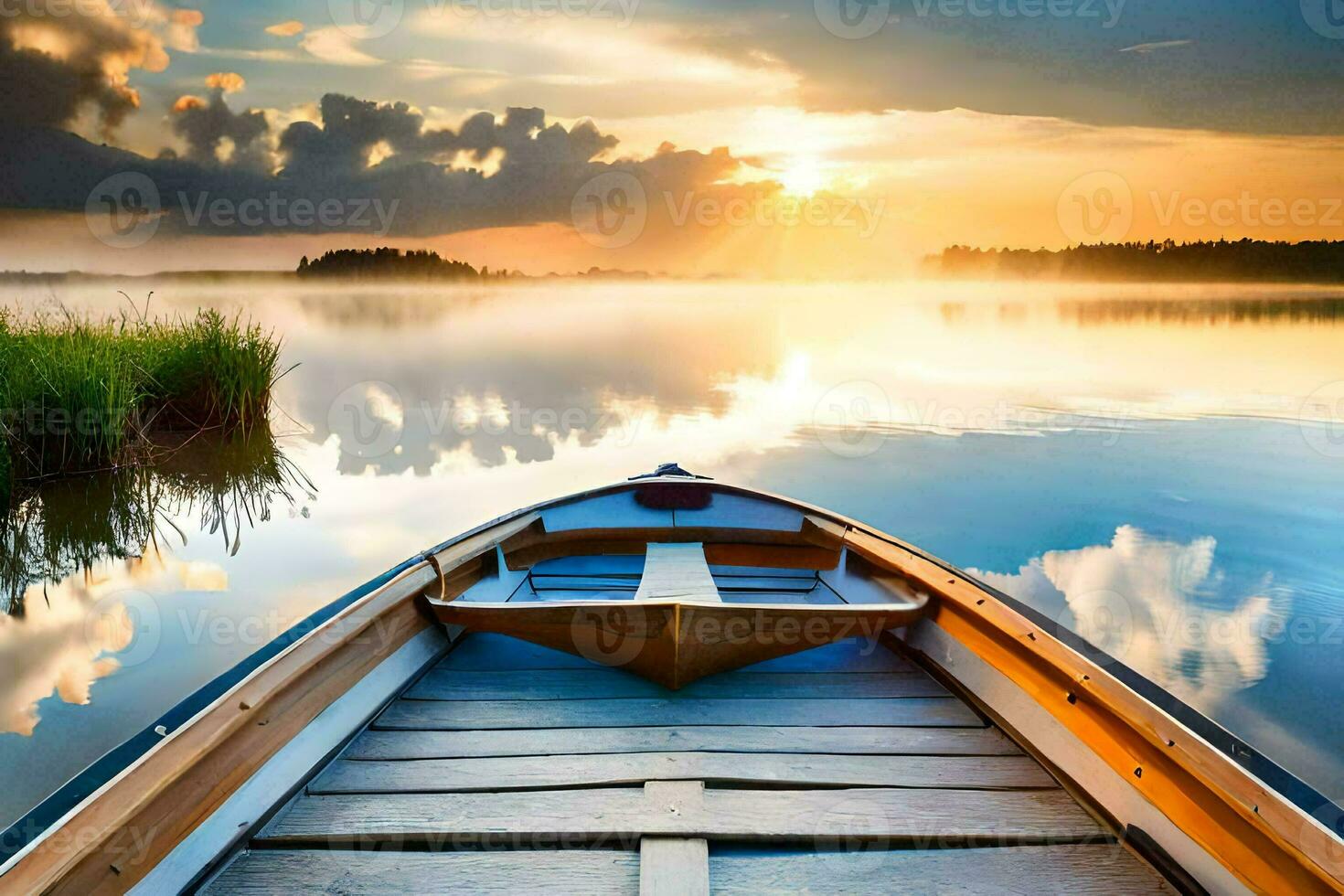 the boat is on the calm lake at sunset. AI-Generated photo