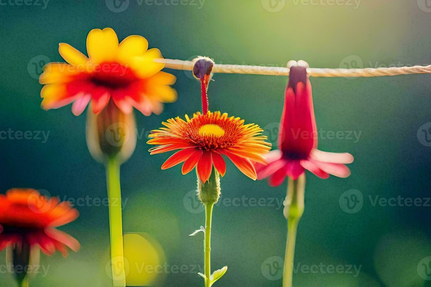 flowers hanging from a rope in the sun. AI-Generated photo