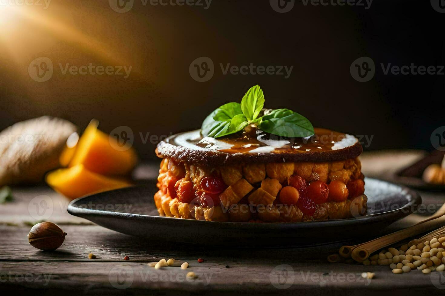 a dessert with nuts and berries on a plate. AI-Generated photo
