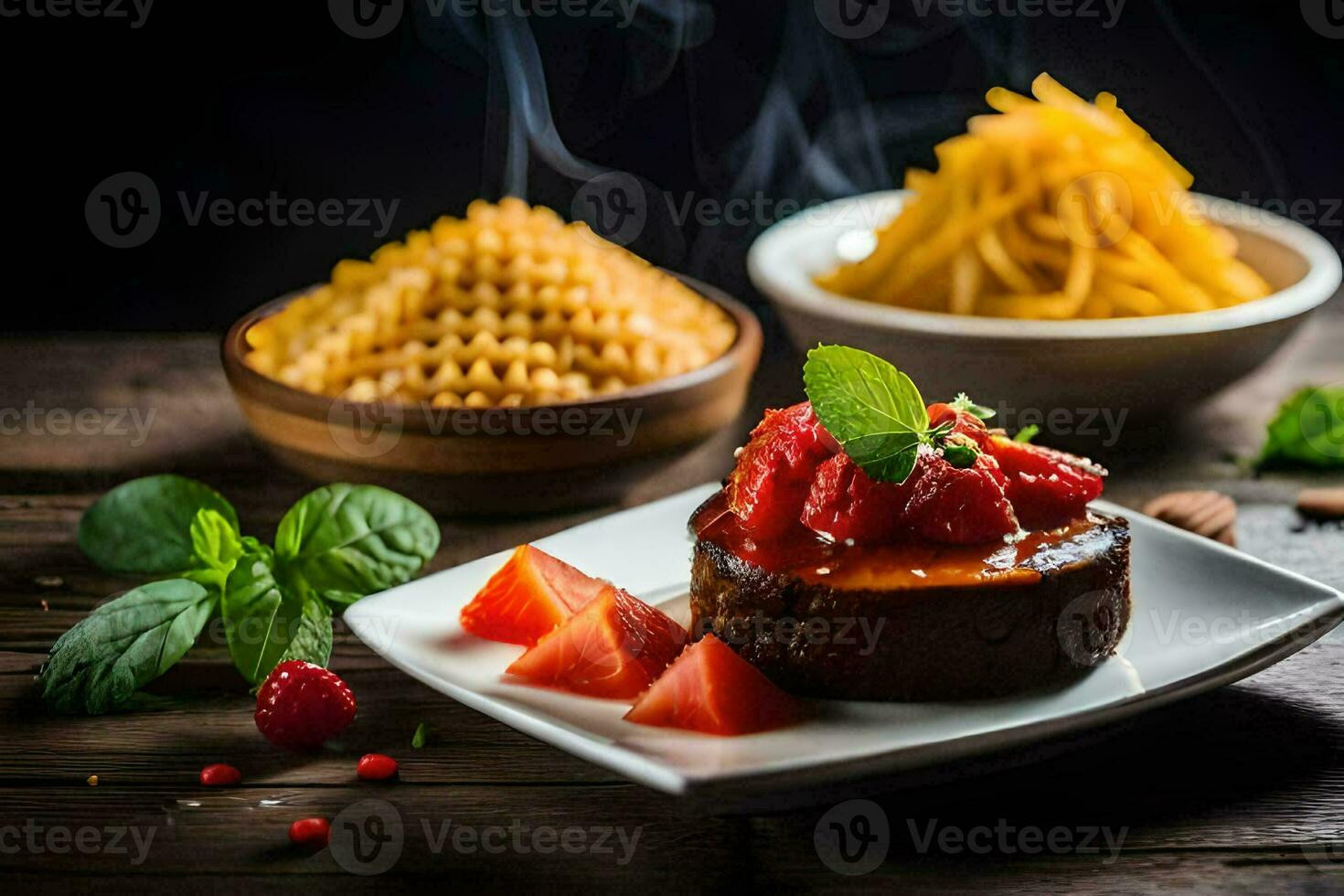 a plate with a dessert and some pasta. AI-Generated photo