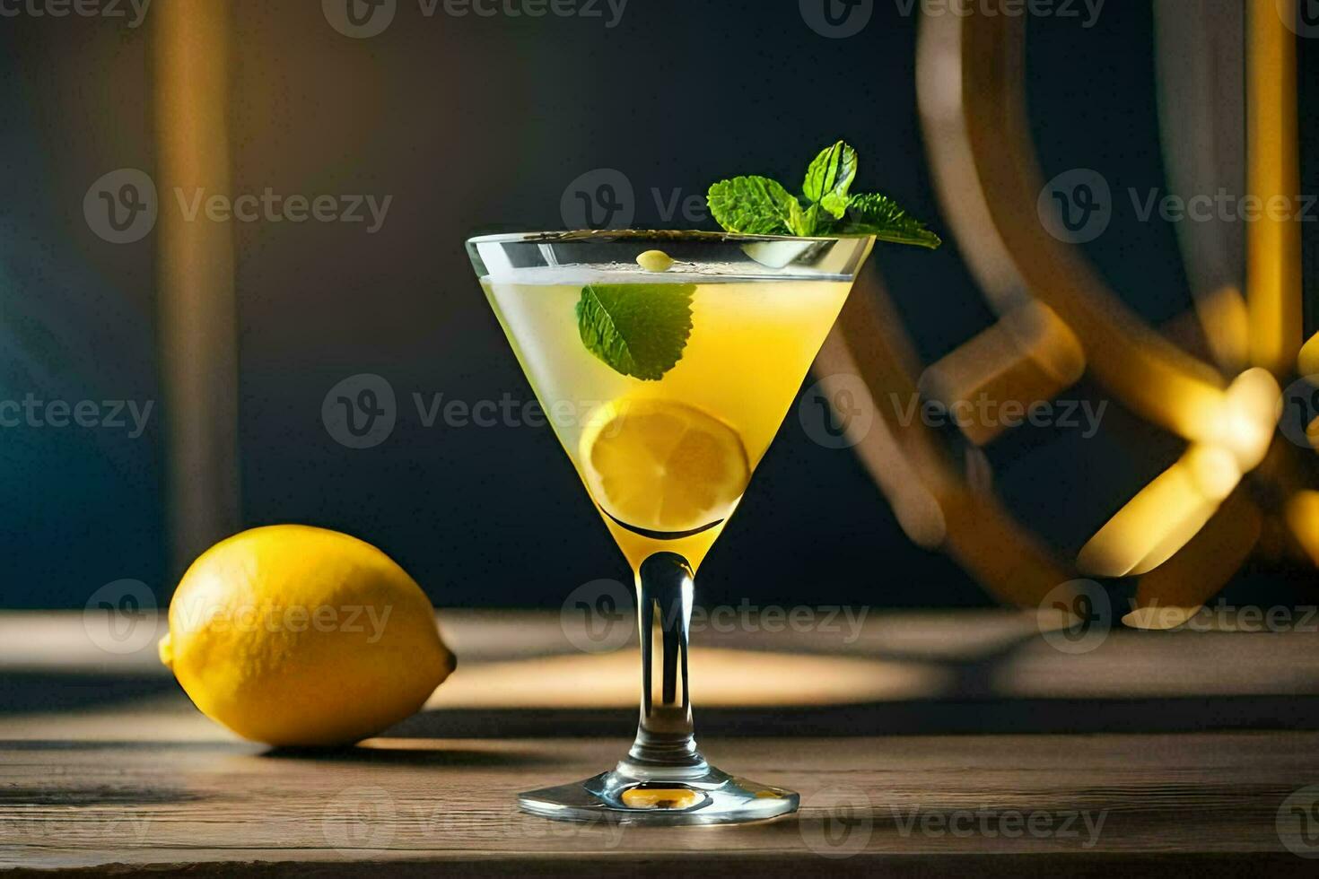 a cocktail with lemon and mint on a wooden table. AI-Generated photo