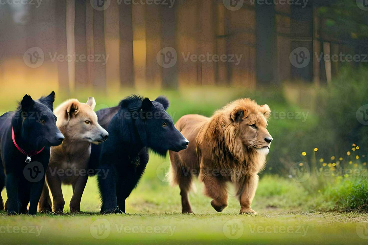 four black and brown lions walking in the woods. AI-Generated photo