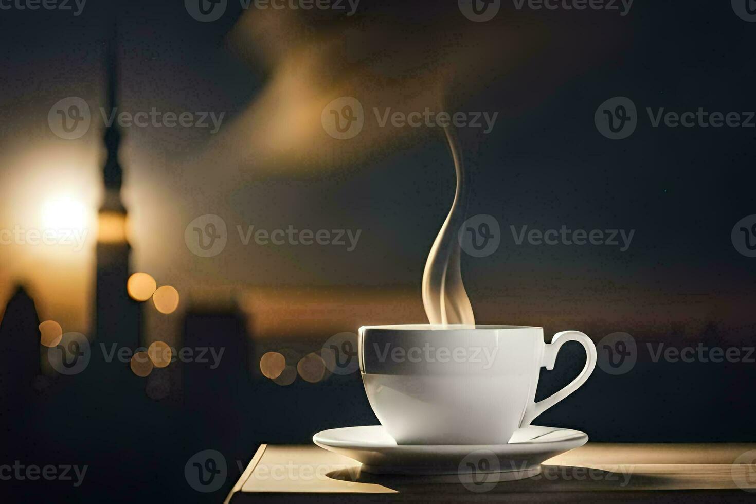 a cup of coffee on a table with a city in the background. AI-Generated photo