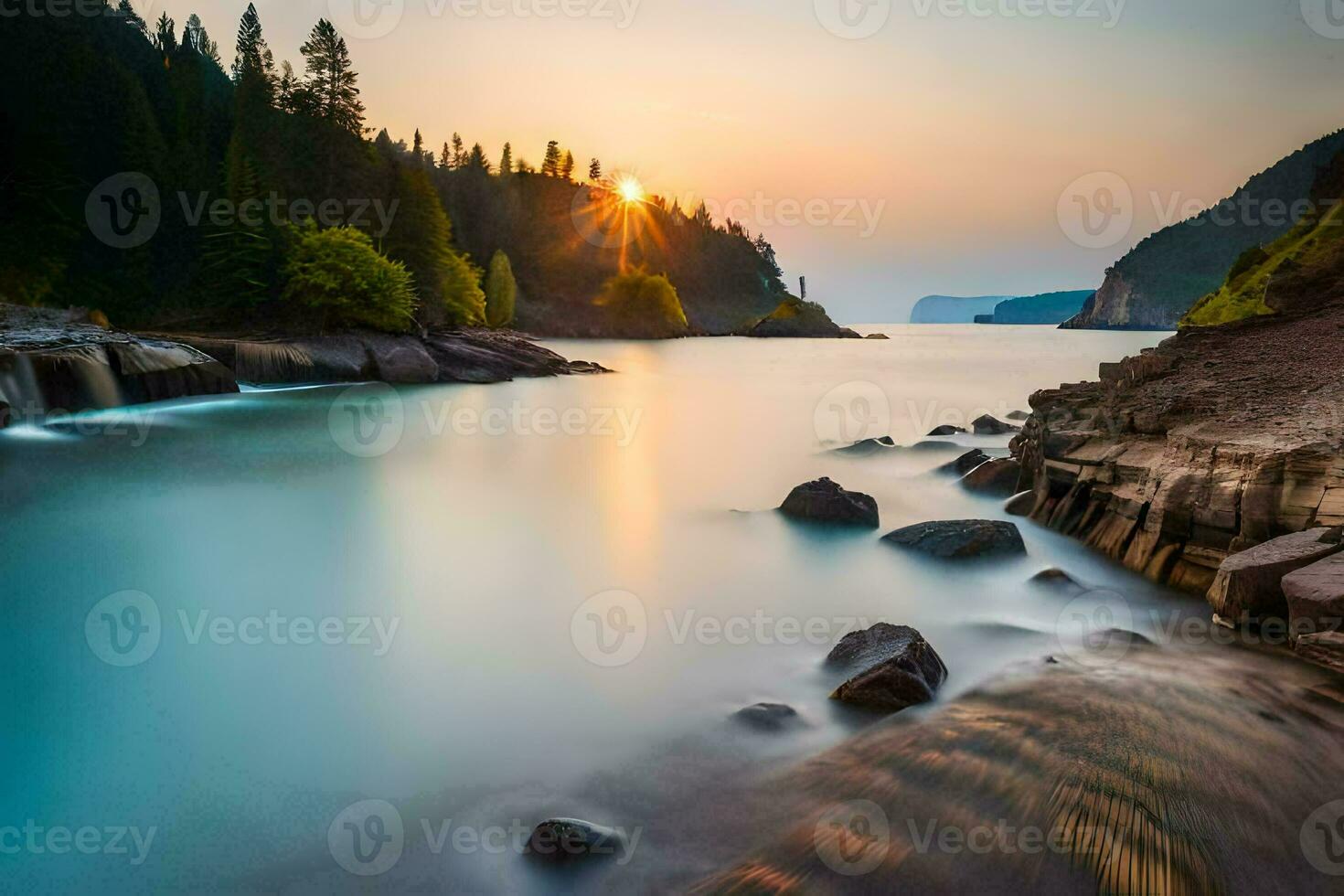 the sun sets over a lake with rocks and trees. AI-Generated photo