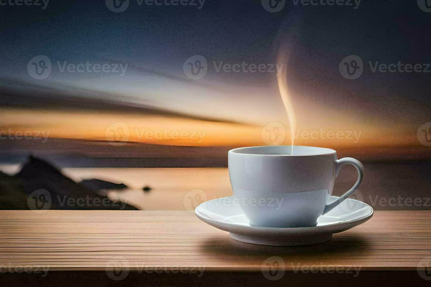 a cup of coffee on the table with a beautiful sunset in the background. AI-Generated photo