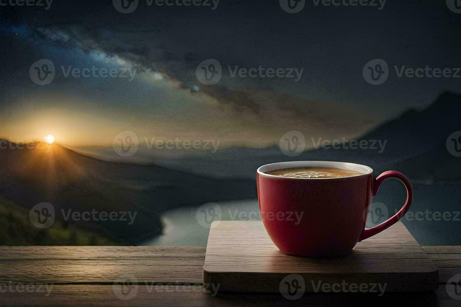 a cup of coffee on a wooden table in front of a mountain lake. AI-Generated photo