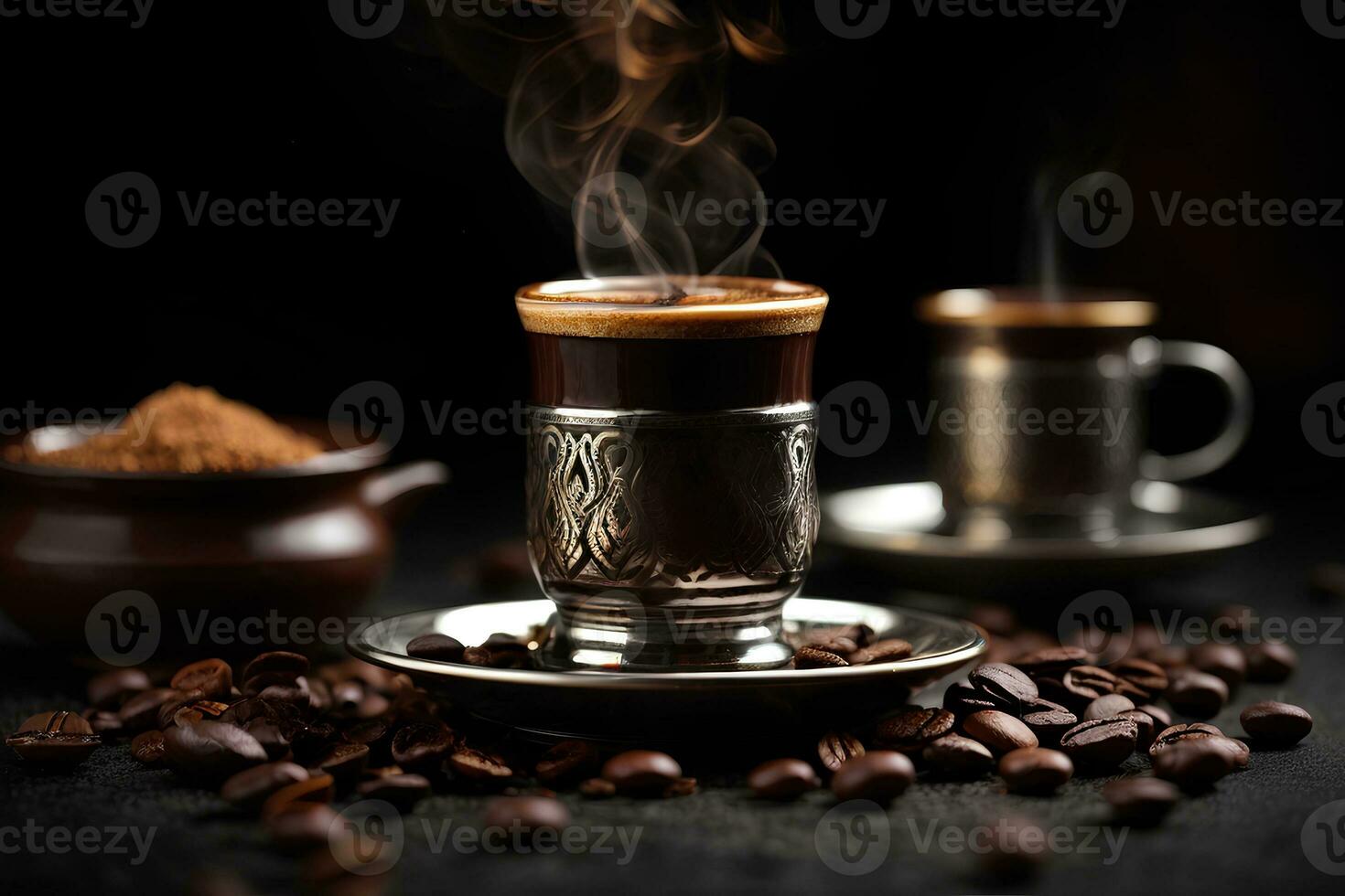 AI Generative. Hot black coffee mug on dark background photo