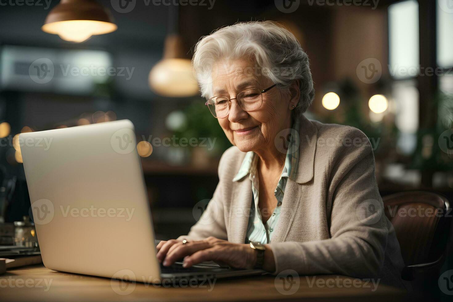 Old senior elderly woman working on laptop computer in cafe. AI Generative photo
