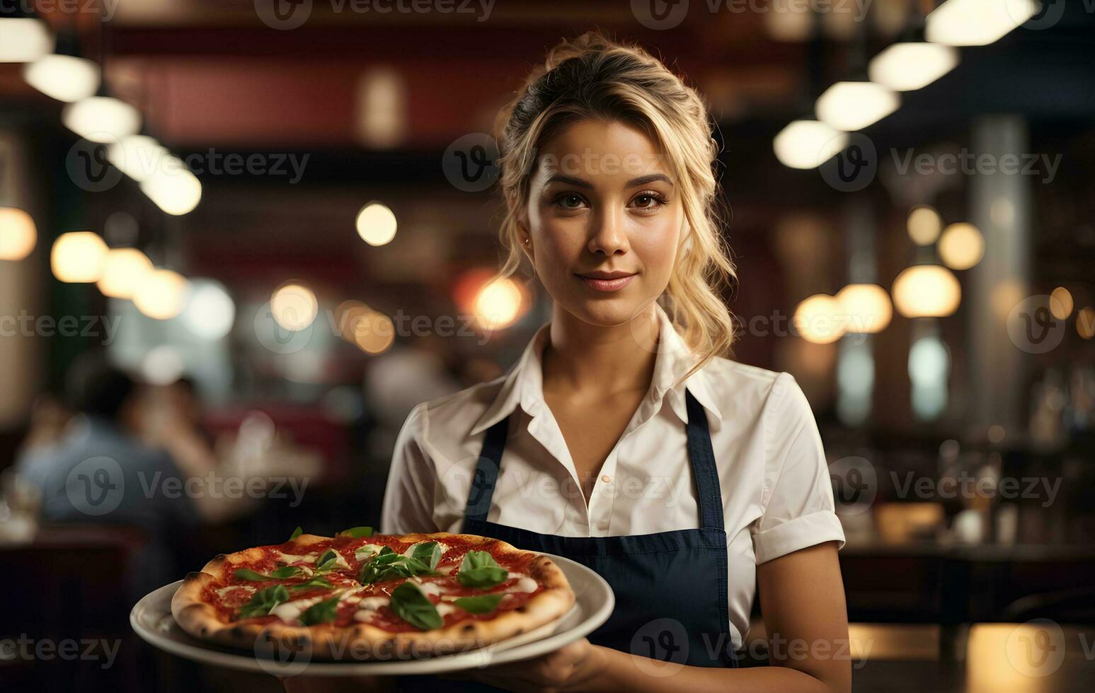 Smiling waitress hold in hands plate with appetizing pizza in cafe or restaurant. AI Generative photo