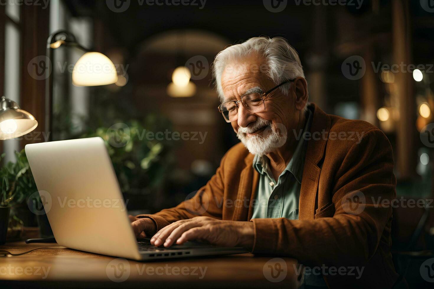 Old senior elderly man working on laptop computer in cafe. AI Generative photo