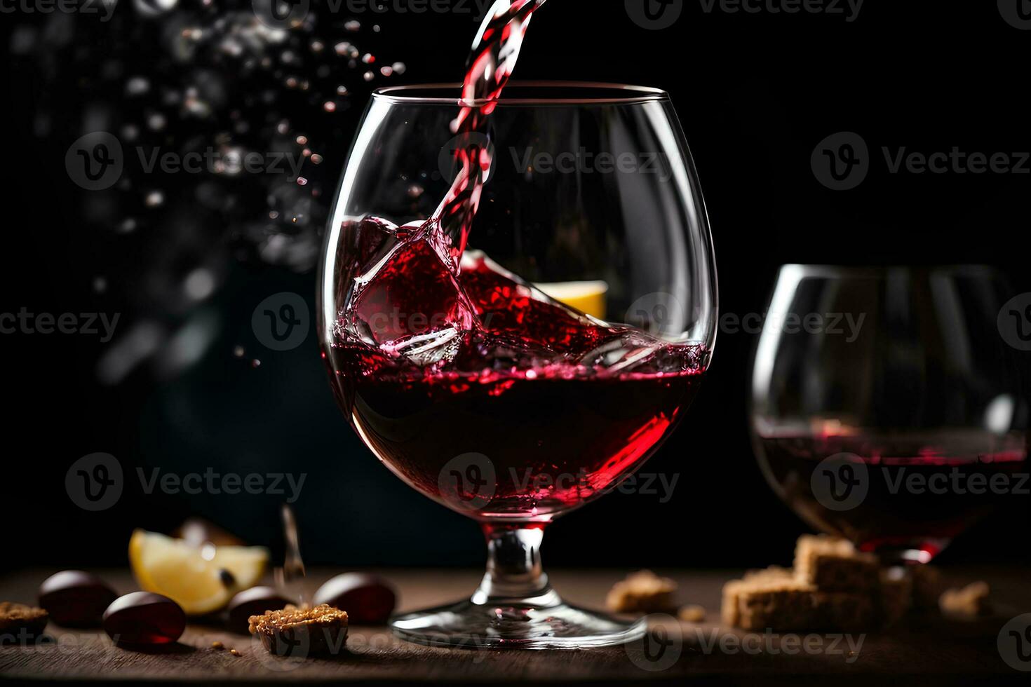 Pouring red wine into the glass on black background. Commercial promotional photo. AI Generative photo