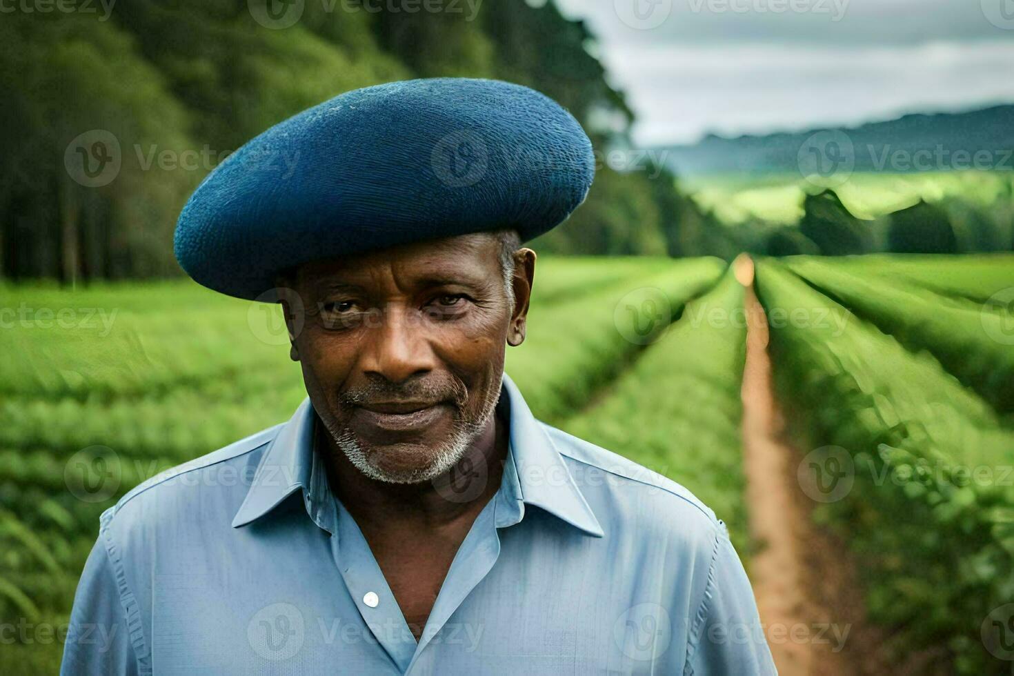 a man in a blue hat stands in a field. AI-Generated photo