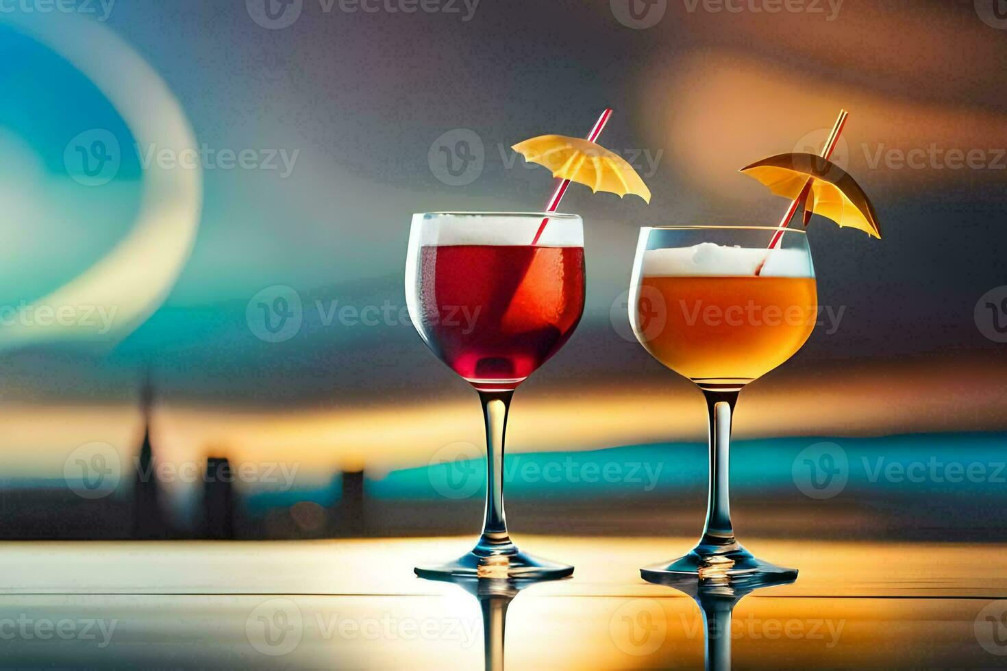 two glasses of alcohol with umbrellas on a table. AI-Generated photo