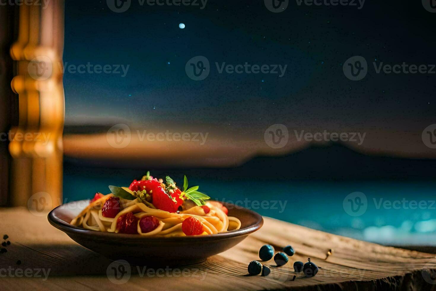 pasta with berries and berries on the table. AI-Generated photo