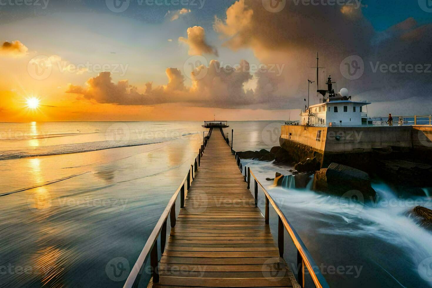 a wooden pier leads to the ocean at sunset. AI-Generated photo