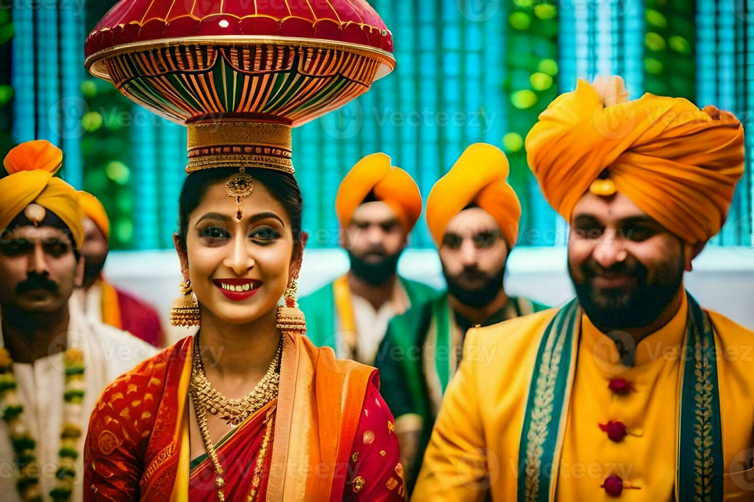 a bride and groom in traditional indian attire. AI-Generated photo