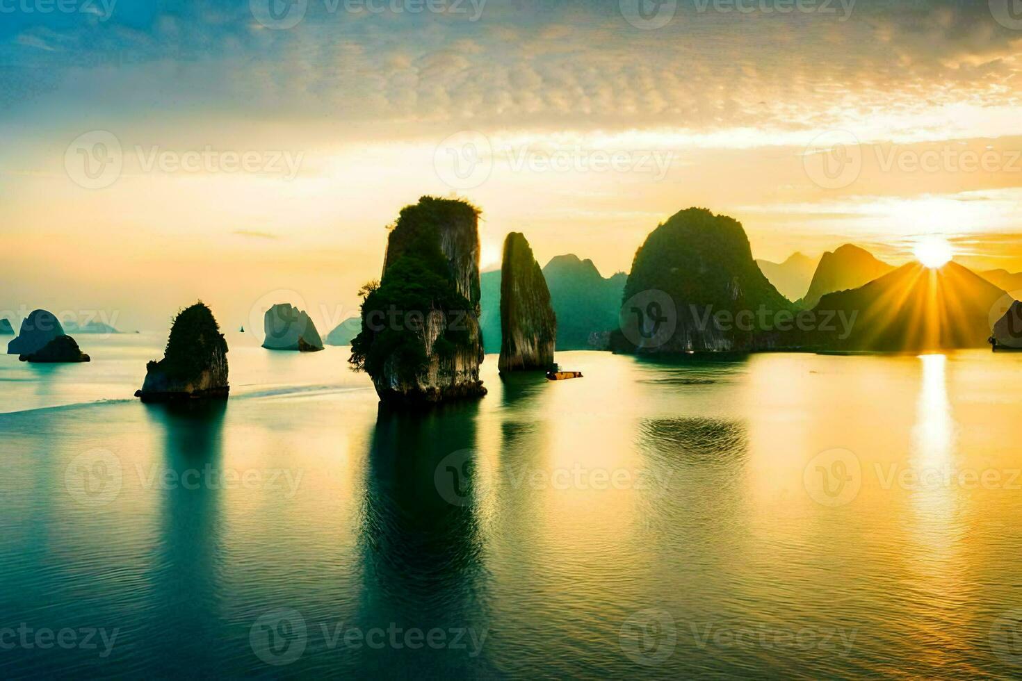 the sun sets over the water in halong bay, vietnam. AI-Generated photo