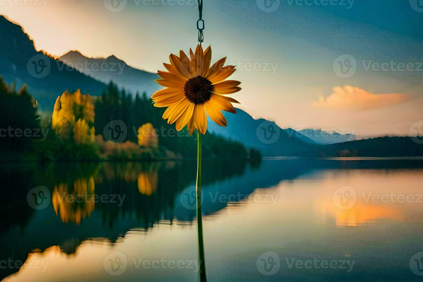 photo wallpaper the sky, mountains, lake, sunflower, the mountains, the lake, the. AI-Generated