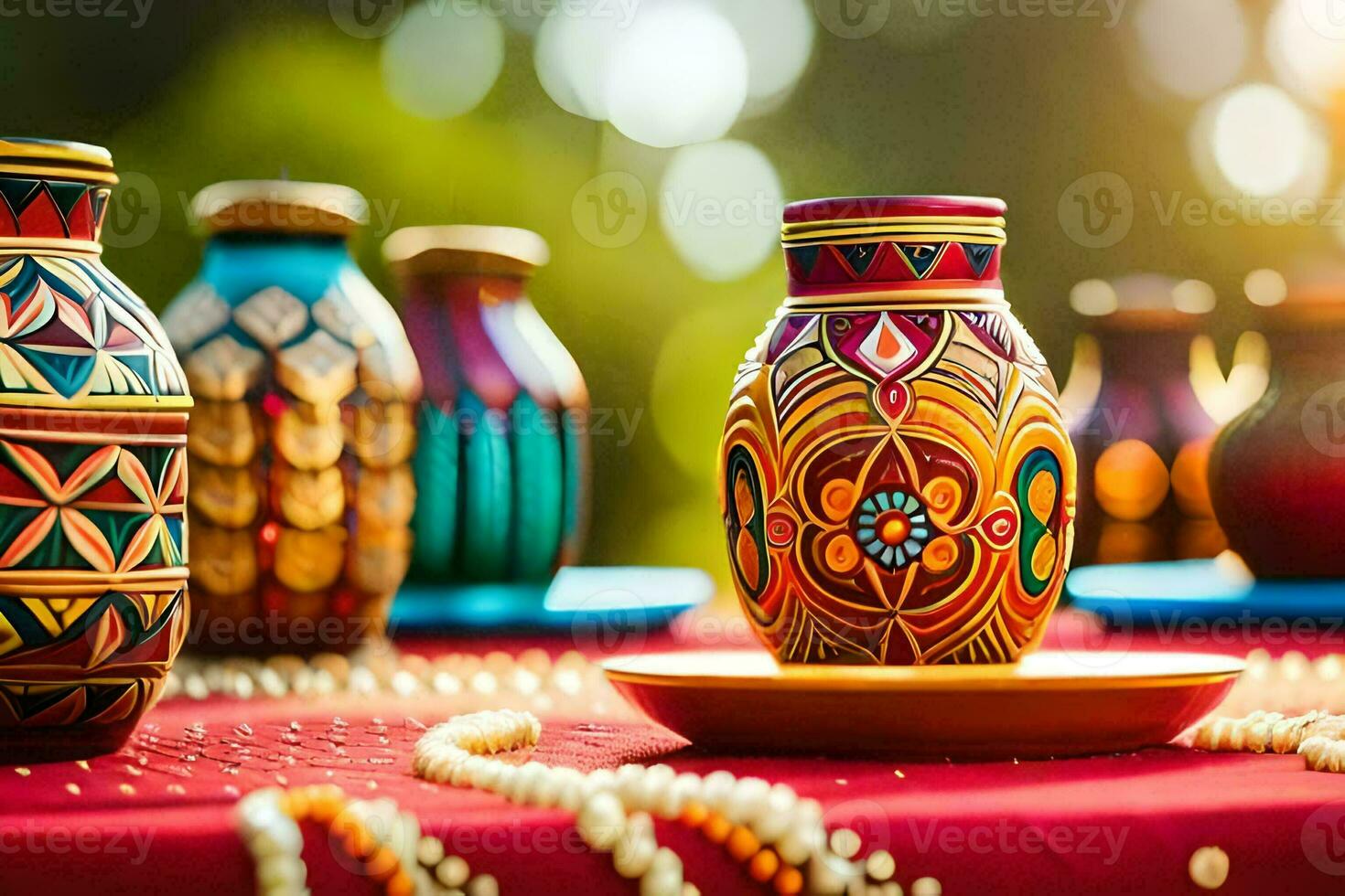colorful vases on a table with pearls. AI-Generated photo