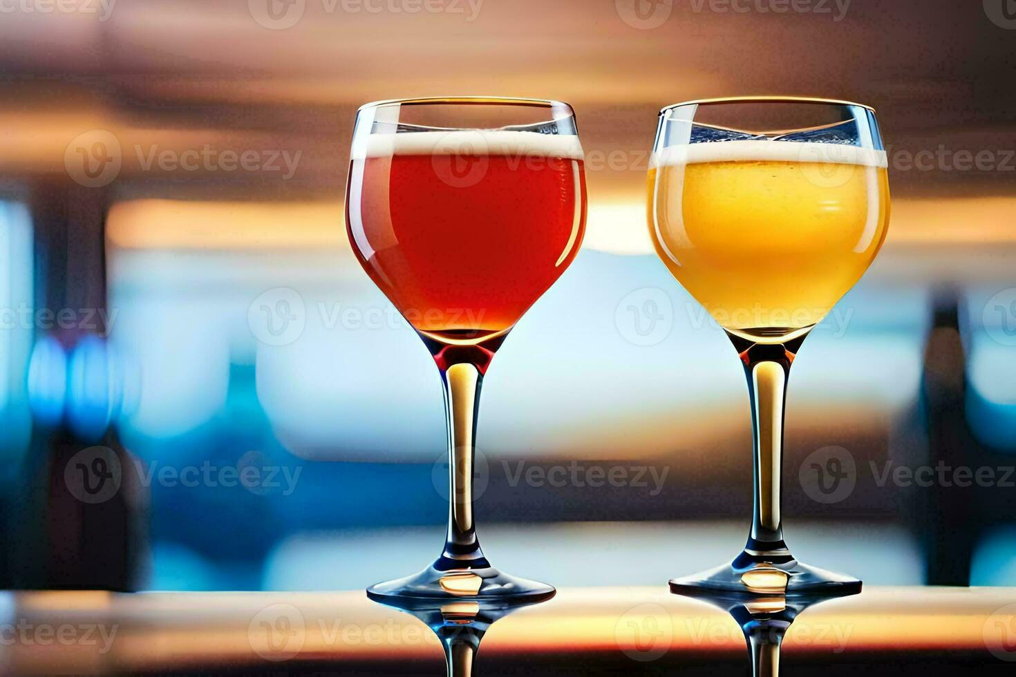 two glasses of beer on a bar. AI-Generated photo
