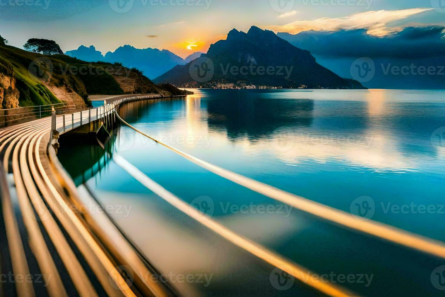 a long exposure photo of a bridge over water. AI-Generated