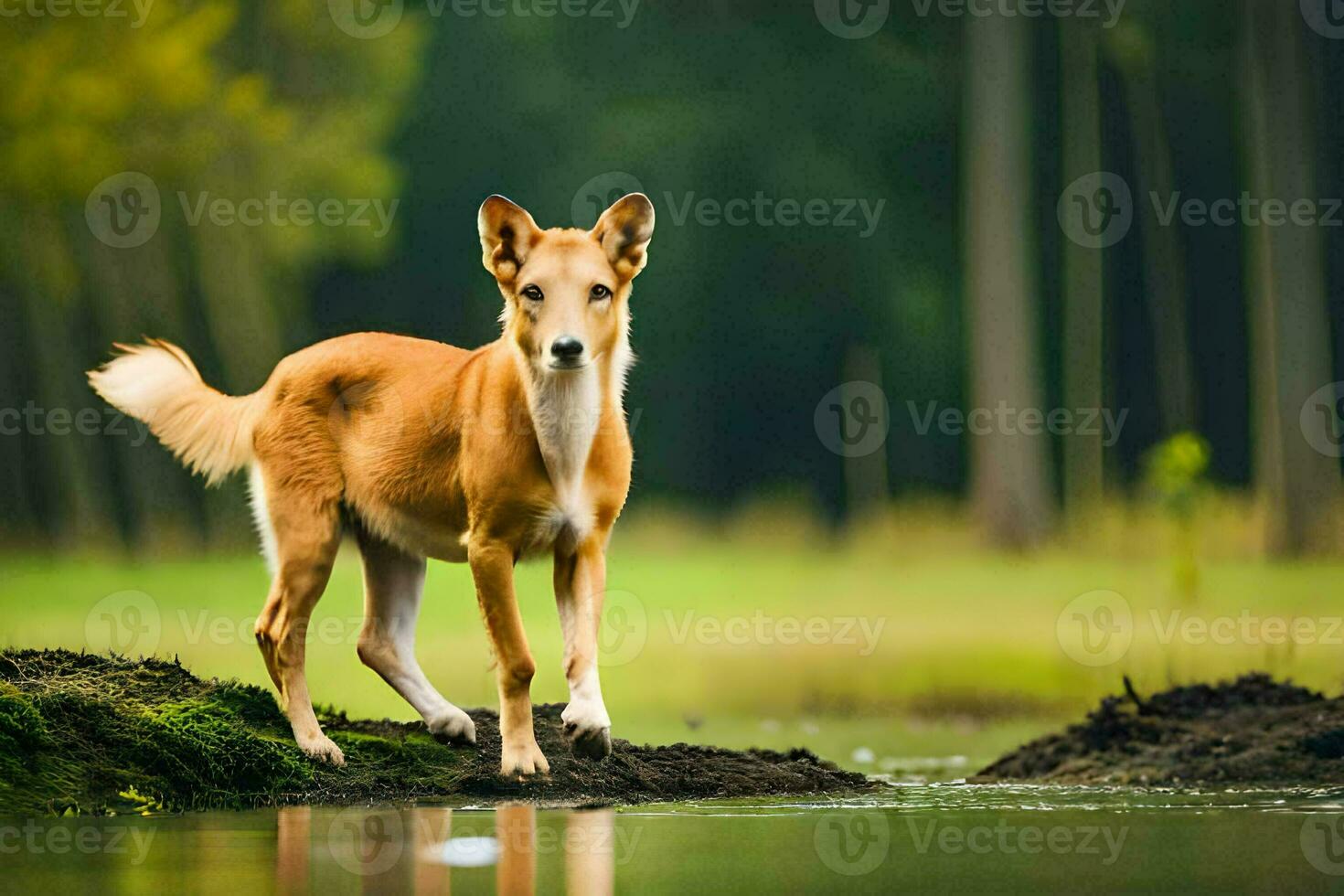 a dog standing on a log in front of a pond. AI-Generated photo