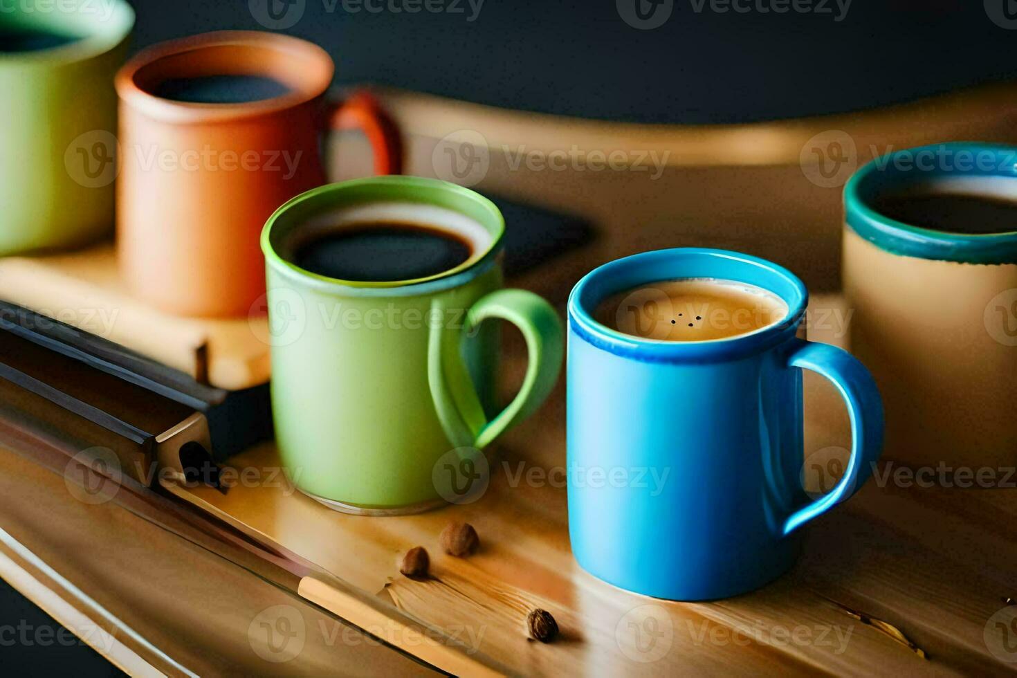 a group of colorful coffee mugs on a tray. AI-Generated photo